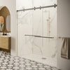 A modern bathroom features the CRL Cambridge Series brushed stainless steel bypass shower door system installed in a marble-tiled walk-in shower.