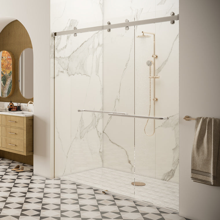 A modern bathroom featuring the CRL Cambridge Series polished stainless steel bypass shower door system installed in a corner enclosure.