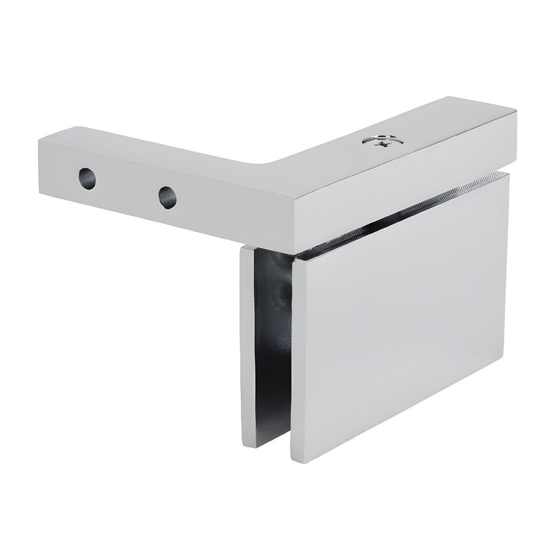 A polished chrome Cardiff series left-hand wall mount hinge for glass shower enclosures.