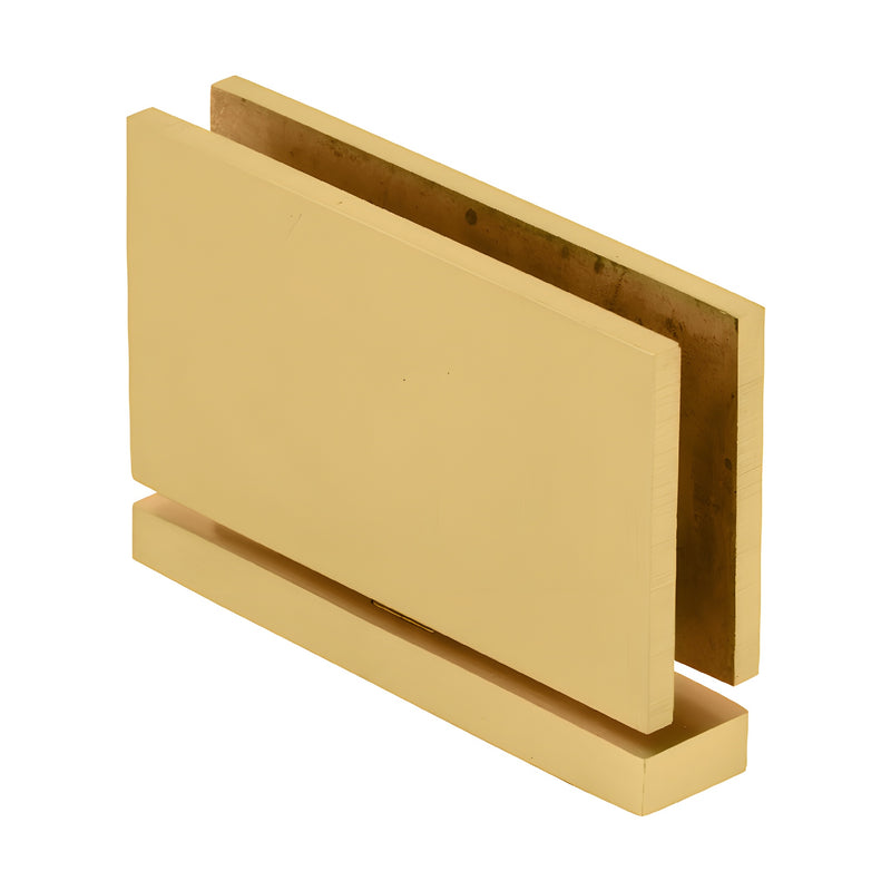 An angled view of the satin brass Cardiff series shower door hinge showing its squared edge profile.