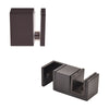 A matte black stainless steel 90-degree connector and a bottom guide for a Cavoli sliding shower door system.