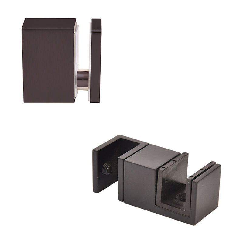 A matte black stainless steel 90-degree connector and a bottom guide for a Cavoli sliding shower door system.