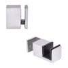 A polished stainless steel 90-degree accessory and a bottom guide for a Cavoli sliding shower door system.
