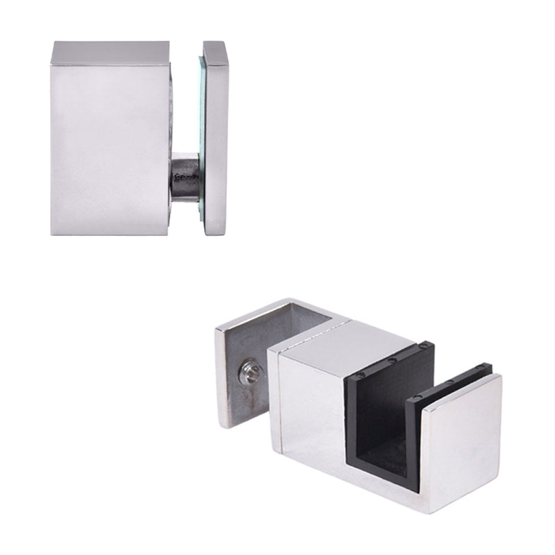 A polished stainless steel 90-degree accessory and a bottom guide for a Cavoli sliding shower door system.