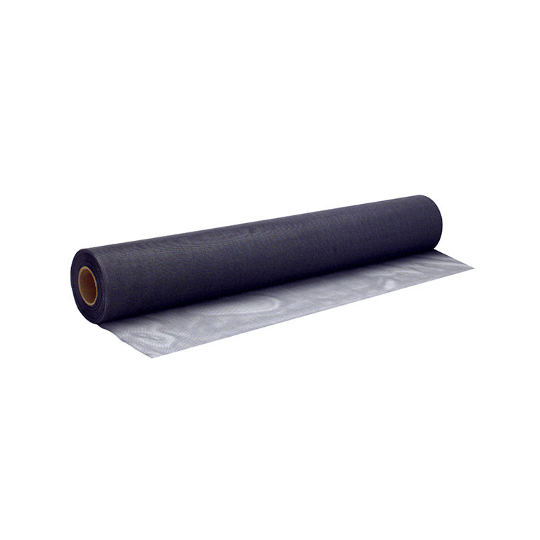 A single roll of charcoal-colored fiberglass screen mesh shown on a white background.
