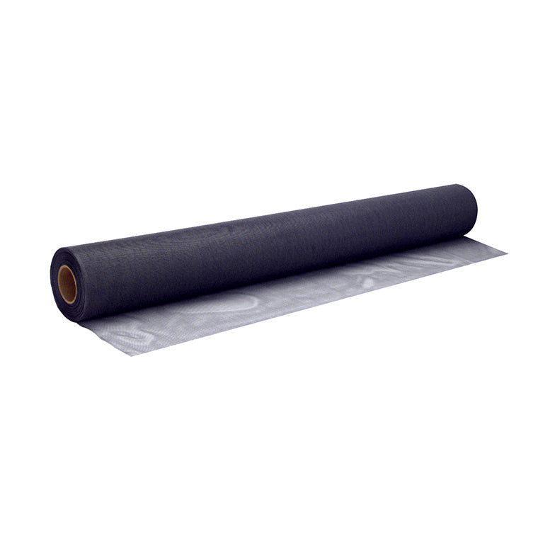 A single roll of charcoal-colored fiberglass screen mesh shown partially unrolled.