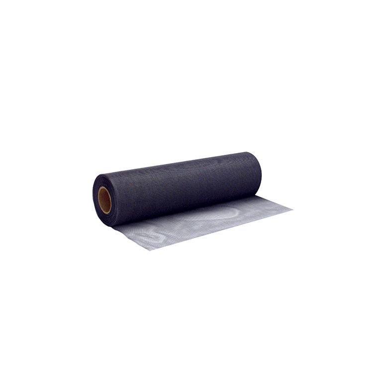 A single roll of charcoal-colored fiberglass screen mesh shown partially unrolled.