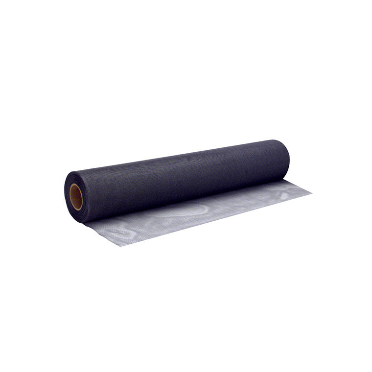 A single roll of charcoal-colored fiberglass screen mesh shown partially unrolled.