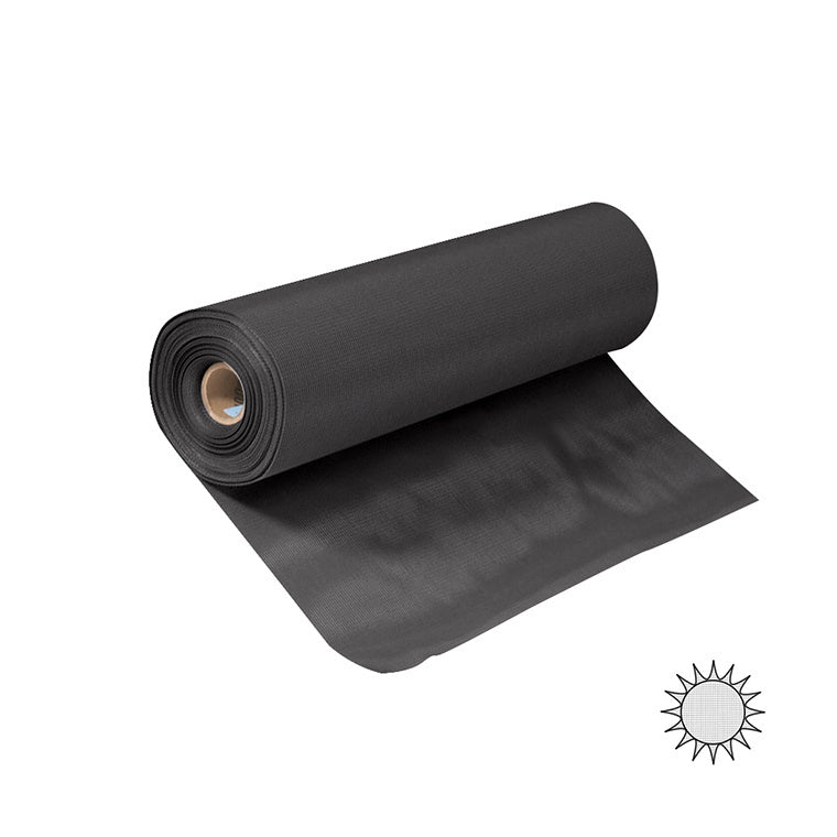 A roll of charcoal-colored vinyl-coated fiberglass solar screen mesh.