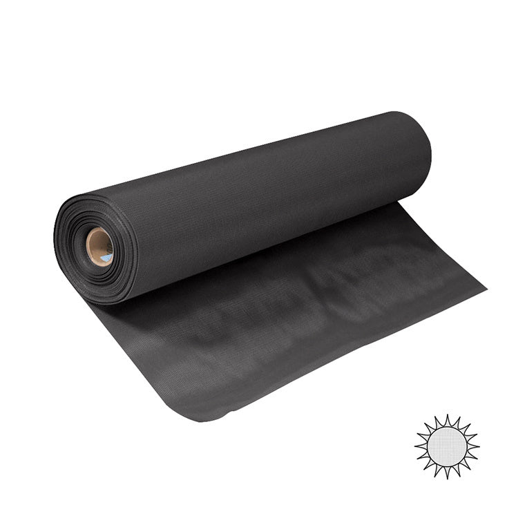 A full roll of charcoal-colored vinyl-coated fiberglass solar screen mesh.