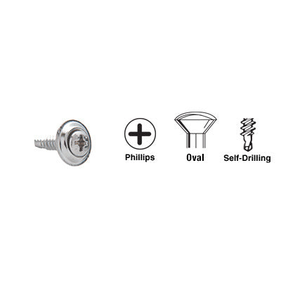 A chrome oval head Phillips self-drilling screw with a countersunk washer shown alongside technical icons.