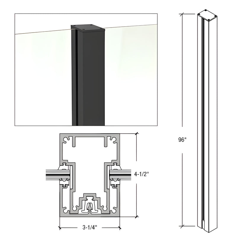 A technical diagram showing the profile and dimensions of the 96-inch matte black aluminum center post for glass railing systems.
