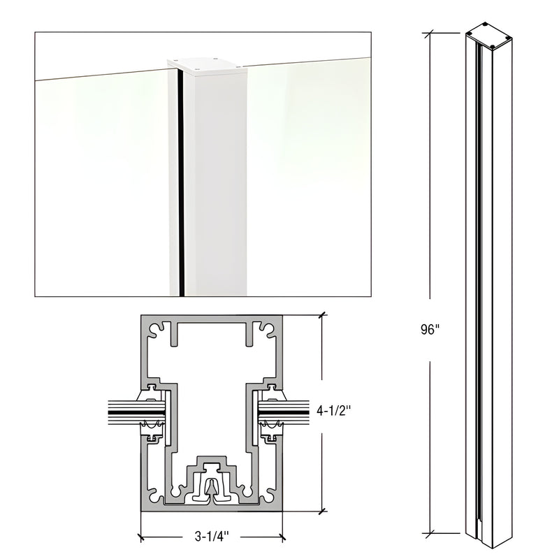 A technical diagram showing the profile and dimensions of the white aluminum Cielo center post for glass railing systems.