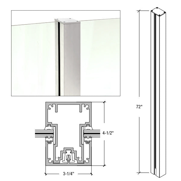 A technical diagram showing the 72-inch height, 4.5-inch depth, and 3.25-inch width of the aluminum Cielo center post.
