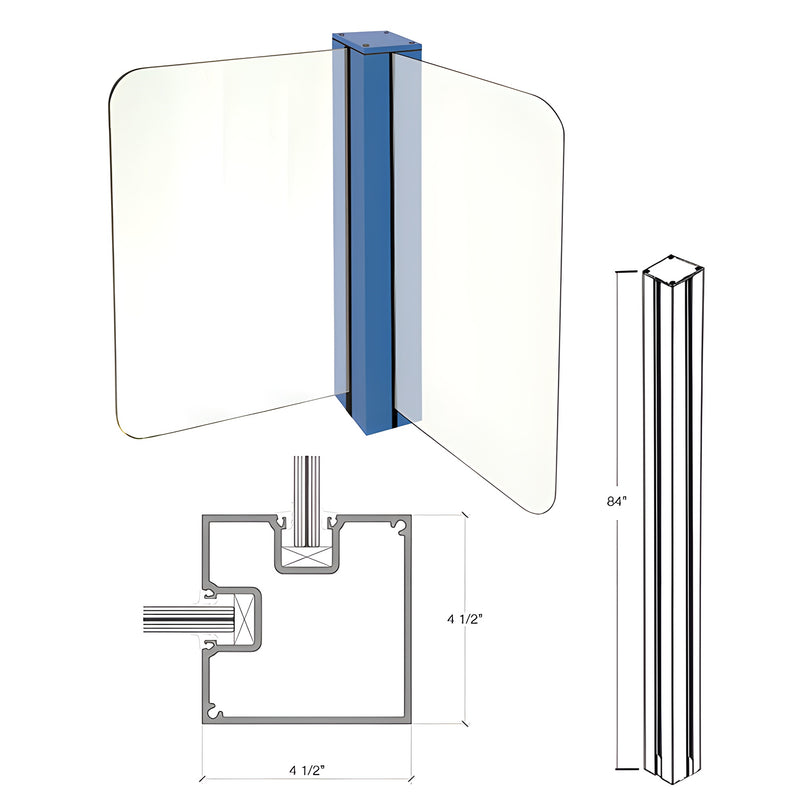 A technical diagram showing the 84-inch aluminum corner post profile and its integration with glass panels.