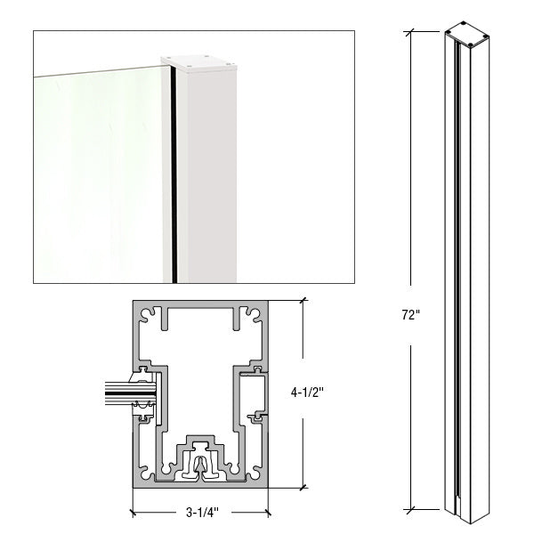 A technical diagram showing the 72-inch height, 4-1/2 by 3-1/4 inch profile, and glass installation detail for the white aluminum end post.