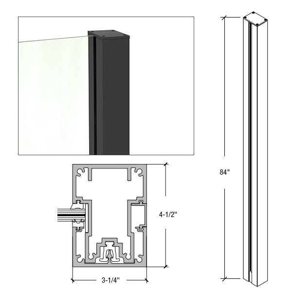 A technical diagram showing the 84-inch height and cross-section profile of the matte black aluminum end post.