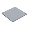 A square silver metallic aluminum post cap with two pre-drilled mounting holes.