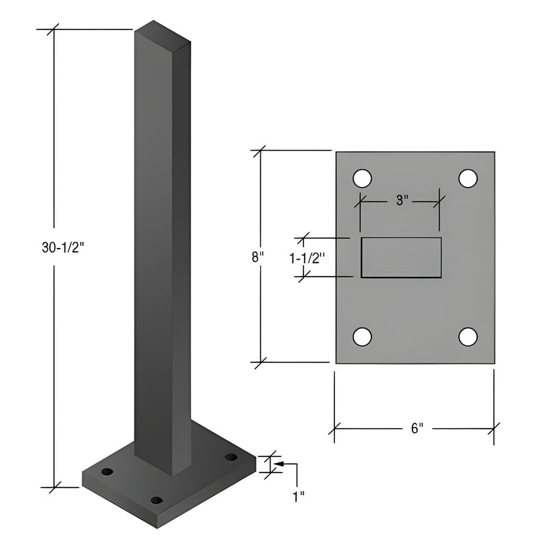 A technical diagram showing the dimensions of the matte black zinc-plated steel stanchion and its base plate.