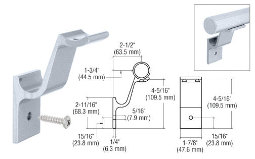 A clear anodized aluminum hand rail bracket shown with technical dimension drawings and a mounting screw.