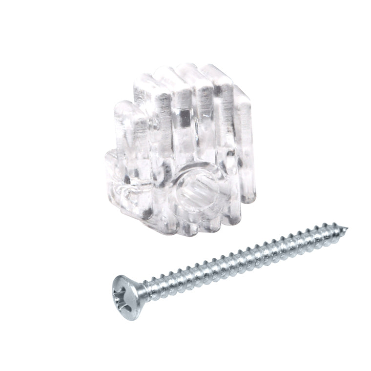 A clear acrylic mirror clip and a metal mounting screw are displayed against a white background.