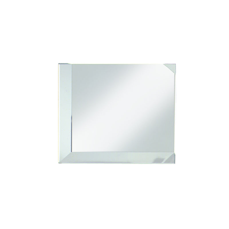 A square clear mirror tile featuring a 1/2 inch bevel on two of its edges.