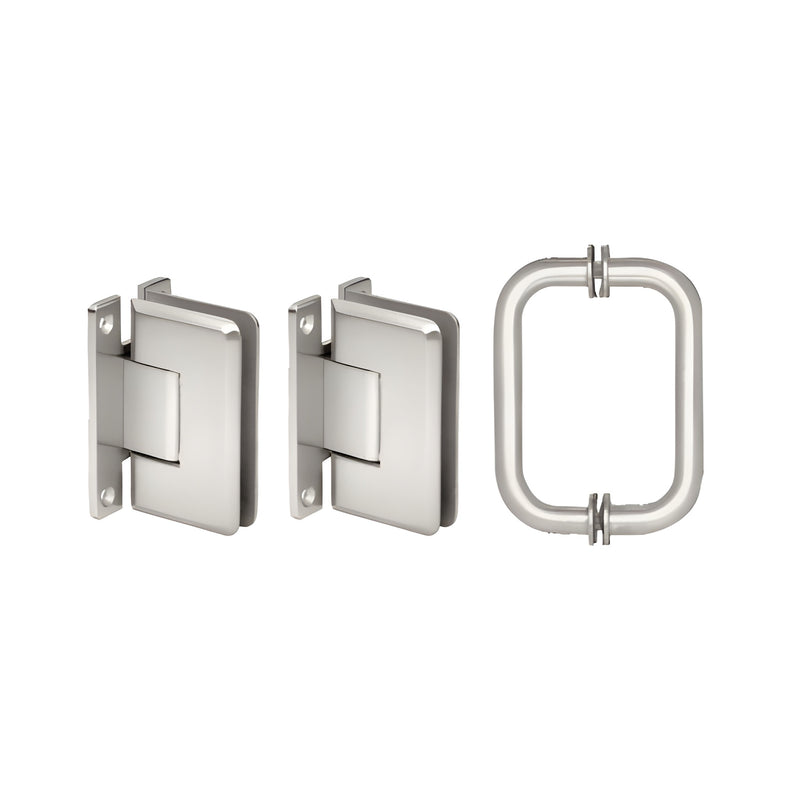 Two polished chrome wall-mount Cologne 037 hinges and a matching shower pull handle set.