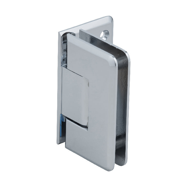 An angled view of the polished chrome Cologne 044 series wall mount offset back plate hinge.