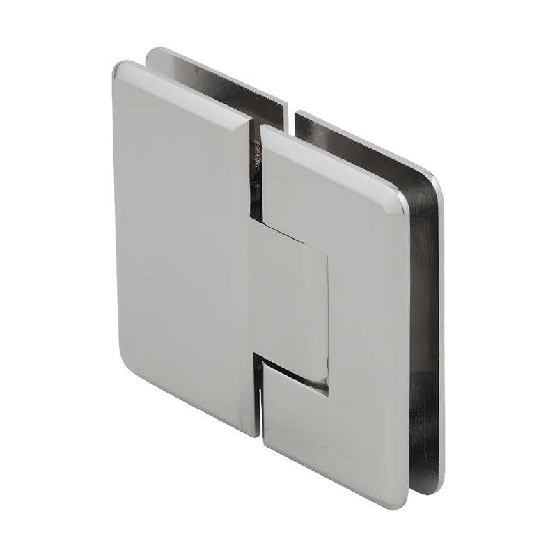 An angled view of the polished nickel Cologne 180 series glass-to-glass shower hinge.