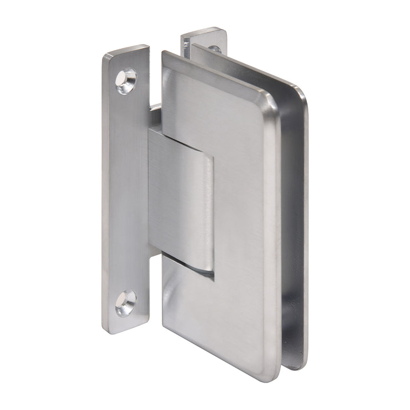 A brushed chrome Cologne 337 series wall mount hinge shown from an angled perspective.