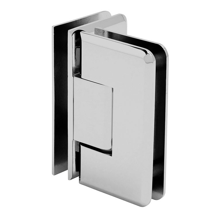 A polished chrome Cologne 092 series glass-to-glass hinge shown from an angled perspective.