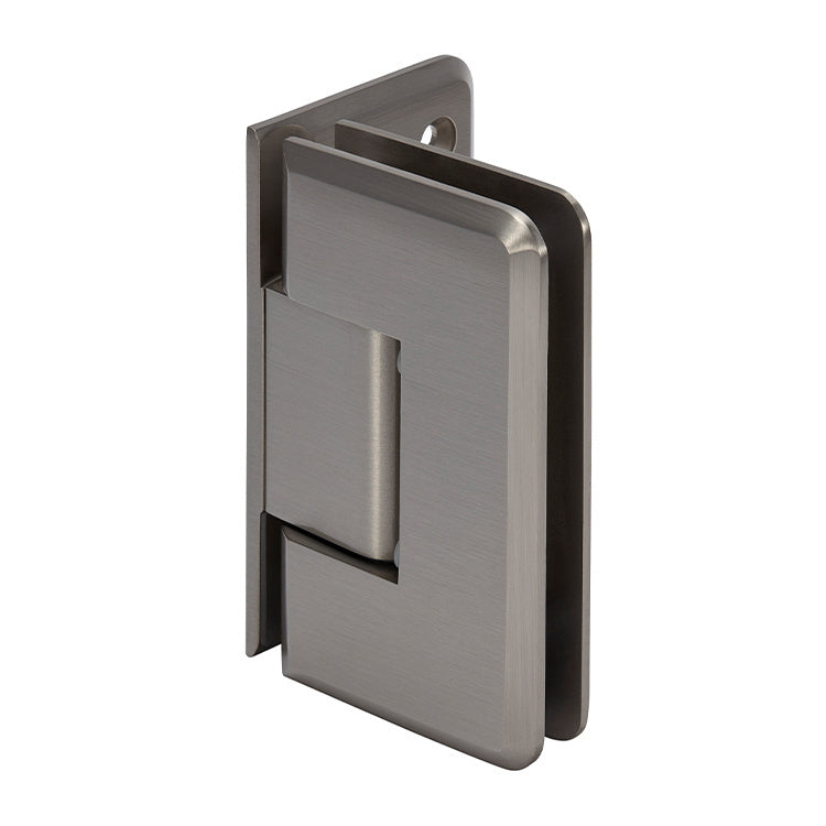 A brushed nickel Cologne 044 series wall mount offset hinge shown from a front-facing angle.