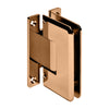 A rose gold wall mount H-back plate hinge for glass shower doors shown from an angled perspective.