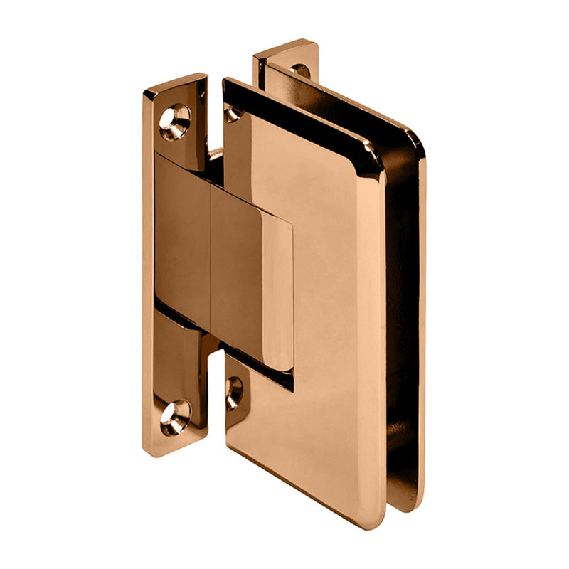 A rose gold wall mount H-back plate hinge for glass shower doors shown from an angled perspective.