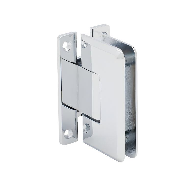 A polished chrome Cologne Series wall mount hinge with an H-style back plate shown from an angled perspective.