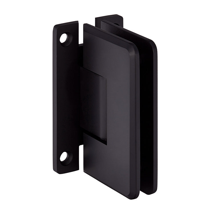 An angled view of the oil rubbed bronze Cologne series wall mount H-style shower door hinge.