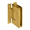An angled view of the modern gold Cologne series wall mount glass shower door hinge.
