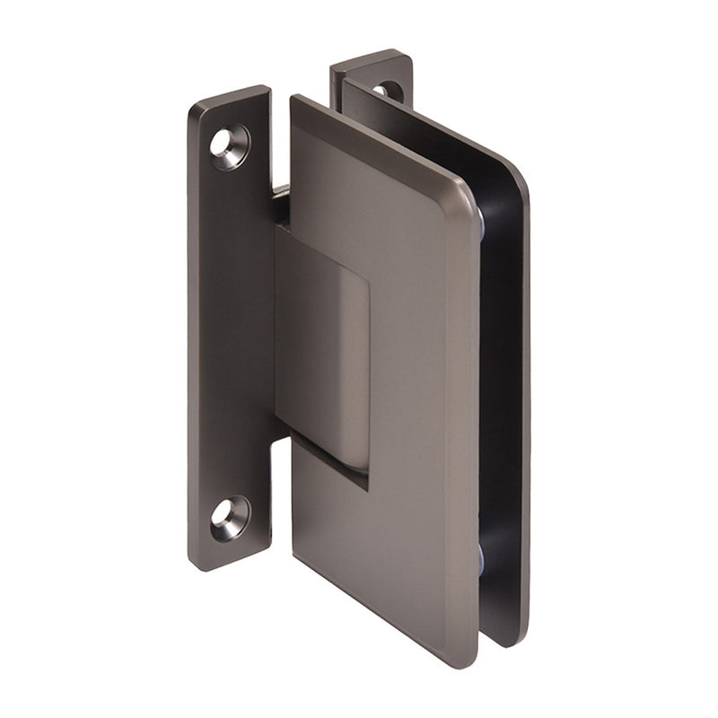 A matte gun metal Cologne 037 series wall mount hinge shown from an angled perspective.