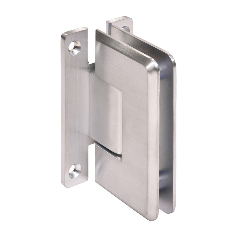 A brushed chrome Cologne 037 series wall mount H-back plate hinge for glass shower doors.