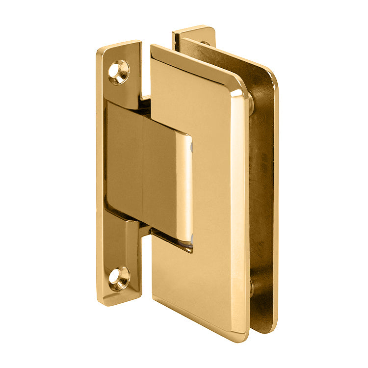 A French Gold wall mount H-back plate hinge for glass shower doors shown from an angled perspective.