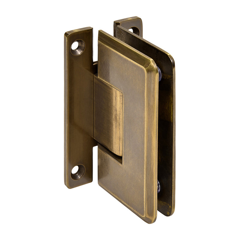 A vintage brass Cologne series wall mount H-back plate hinge for glass shower doors.