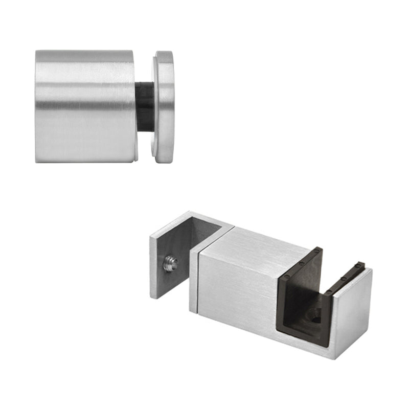 A brushed stainless steel 90-degree connector and a bottom door guide for the Colonia sliding shower system.