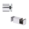 A polished stainless steel 90-degree connector and a bottom door guide for a sliding shower system.