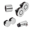 A collection of brushed stainless steel Colonia shower door hardware including rollers, fixed panel fittings, and a stopper.