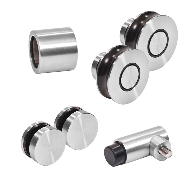 A collection of brushed stainless steel Colonia shower door hardware including rollers, fixed panel fittings, and a stopper.