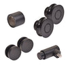 A collection of matte black stainless steel hardware components for a Colonia sliding shower door system.