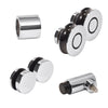 A collection of polished stainless steel hardware components for a Colonia sliding shower door system including rollers, fittings, and a stopper.