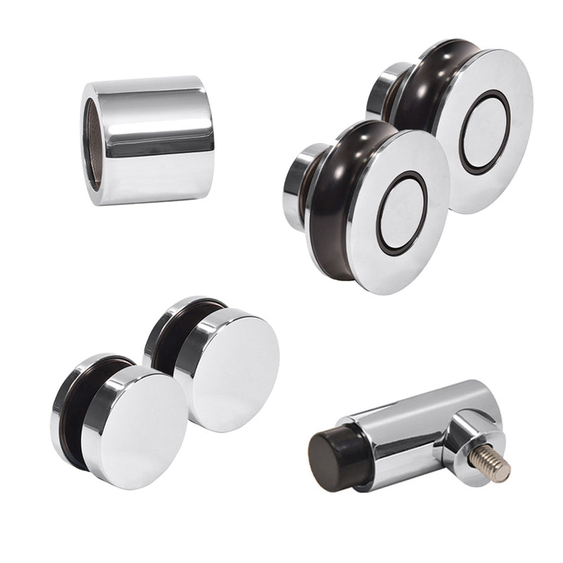 A collection of polished stainless steel hardware components for a Colonia sliding shower door system including rollers, fittings, and a stopper.