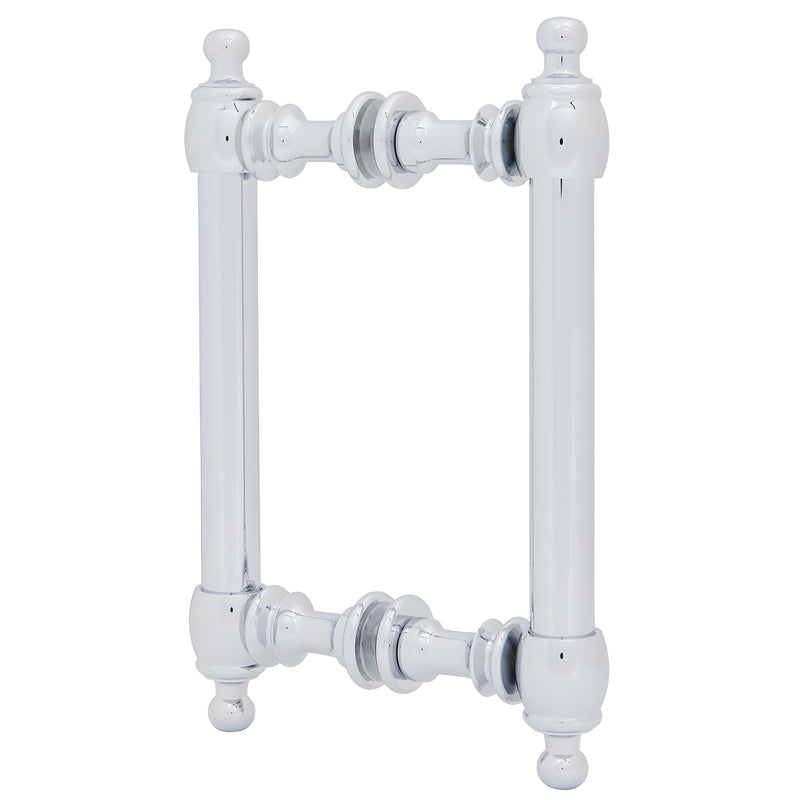 A pair of polished chrome Colonial style back-to-back pull handles shown from an angled perspective.