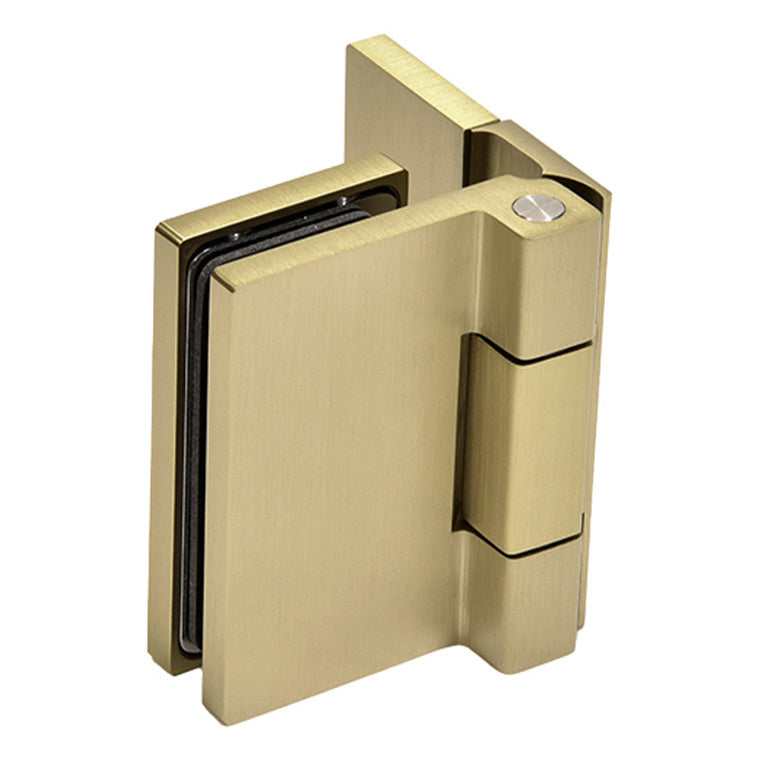 A close-up view of the brushed bronze Como Series wall mount outswing hinge showing its square edge profile.